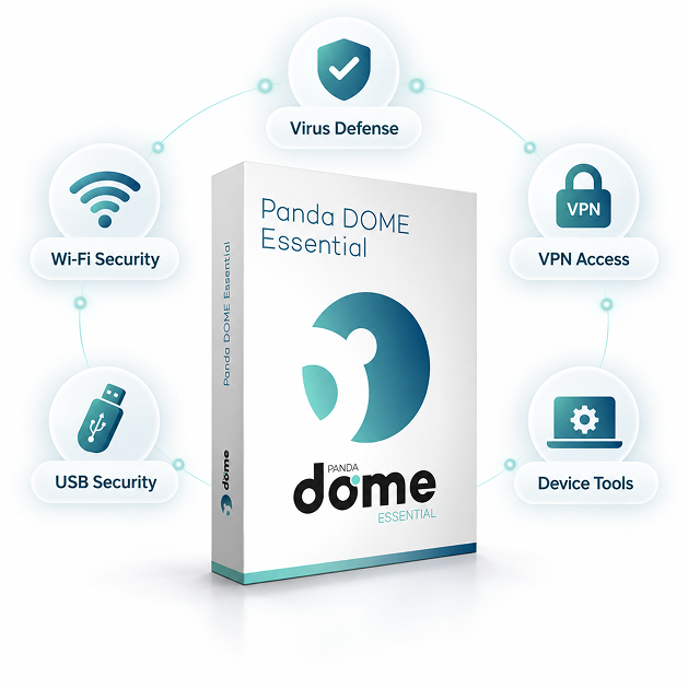 Panda Dome Essential with virus defense, Wi-Fi security, USB security, VPN access, and device tools