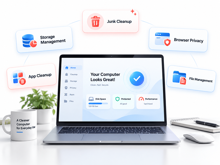 Computer cleanup dashboard with junk cleanup, storage management, browser privacy, app cleanup, and file management